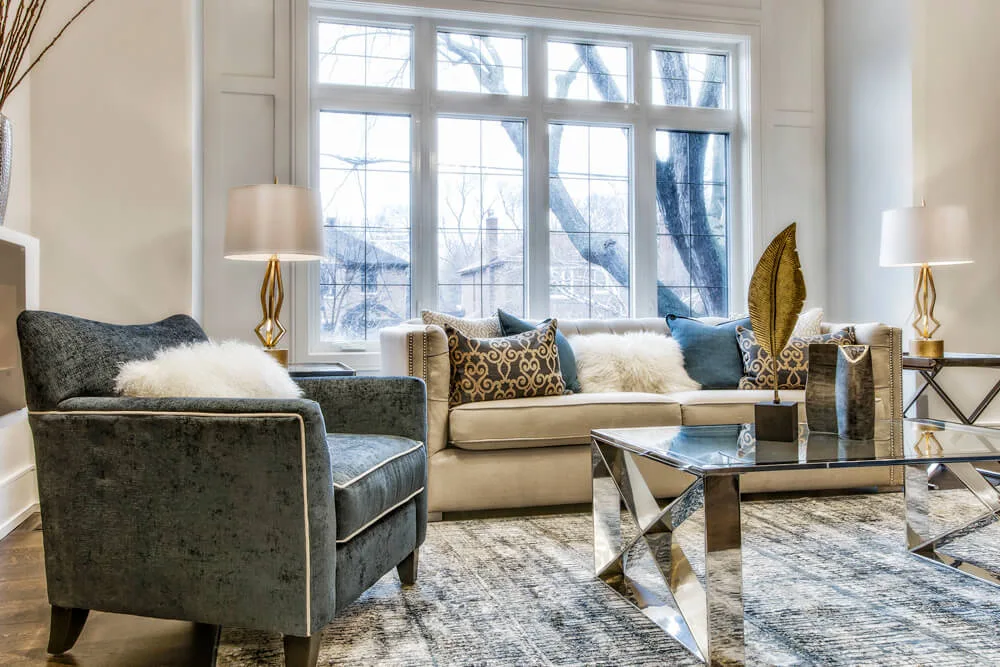 Staged family room with a fireplace